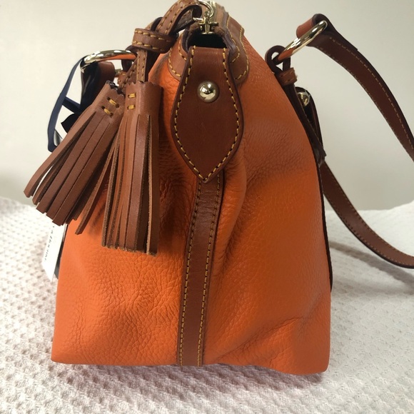 Authentic Dooney & Bourke Front Pocket Satchel Orange Leather and Brown Trim - Picture 3 of 13